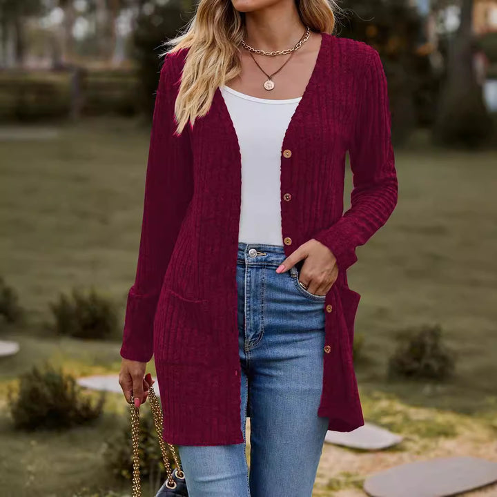 Damen nan langer gerippter Strickcardigan mit Eingrifftaschen und Holzknöpfen Echo Archiv
