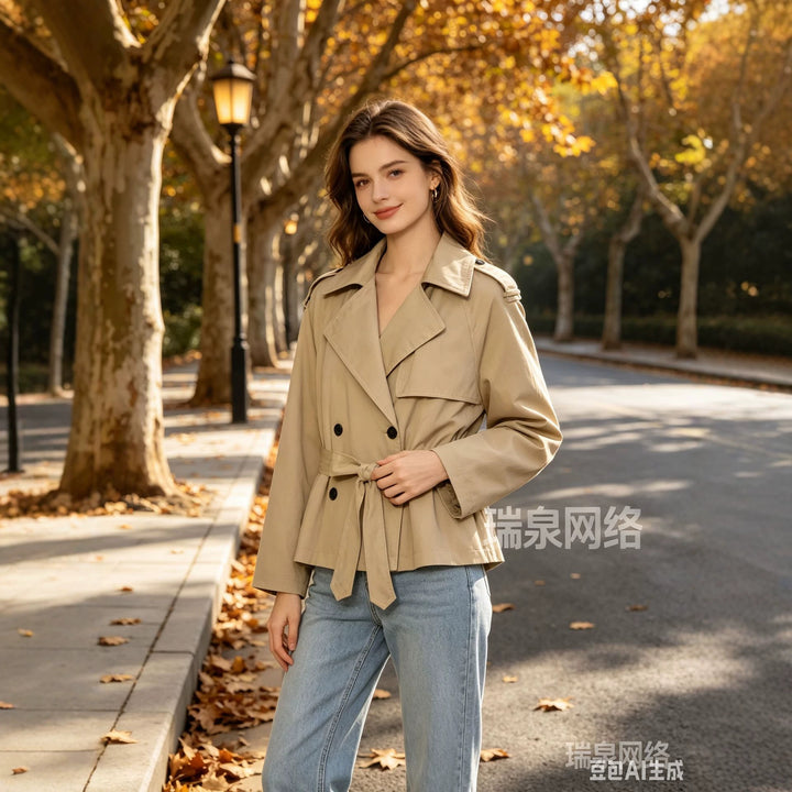 Damen Cropped-Trenchcoat mit Taillengürtel und weitem Ärmel Echoarchiv