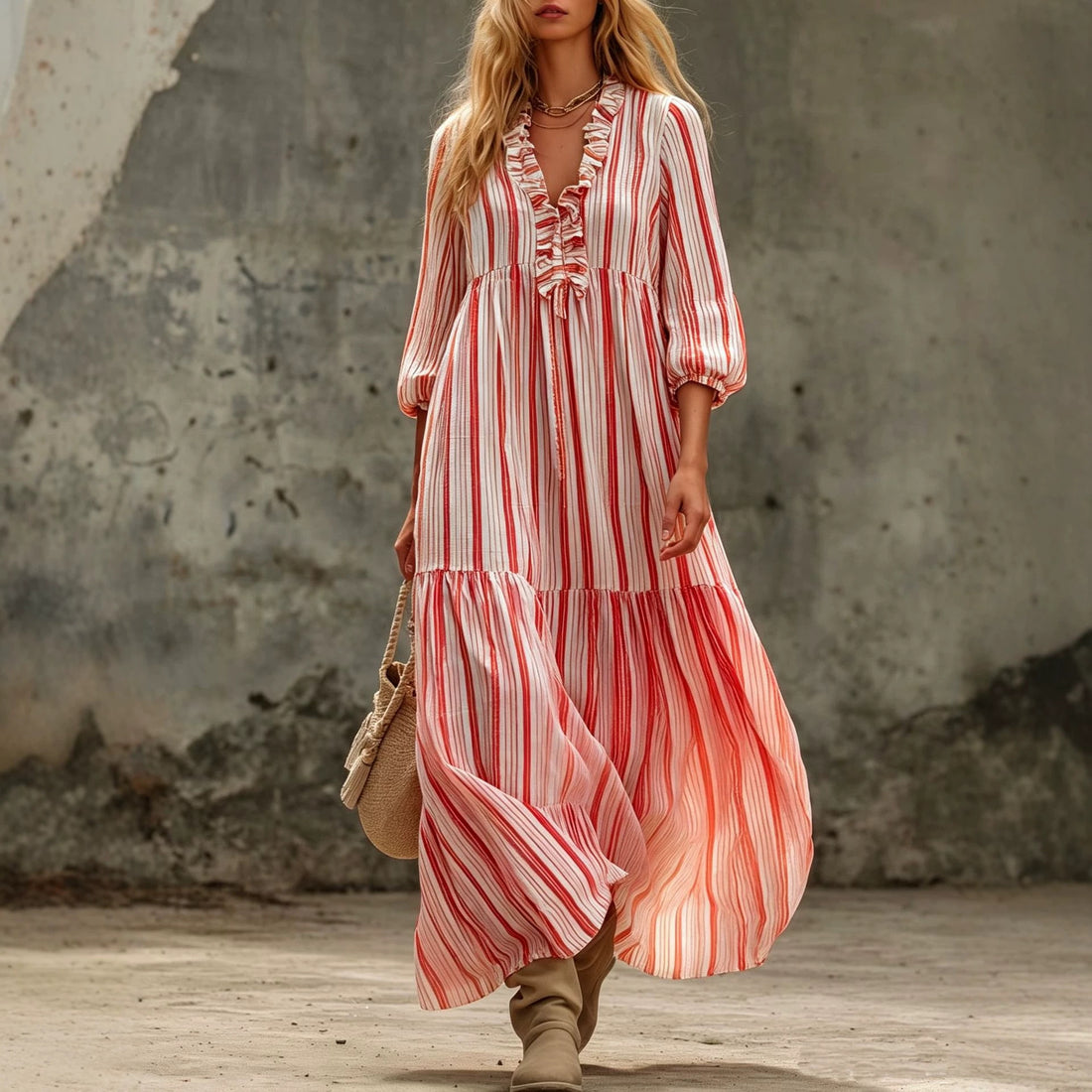 Damen Maxikleid mit Rüschen-V-Ausschnitt und Ballonärmeln Echoarchiv
