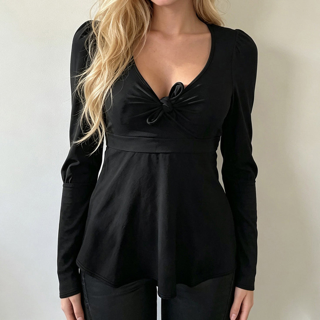 Damen Tailliertes Peplum-Top mit V-Ausschnitt, Knotendetail und Puffärmeln – Orélia