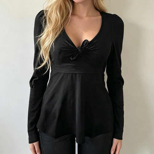 Damen Tailliertes Peplum-Top mit V-Ausschnitt, Knotendetail und Puffärmeln – Orélia