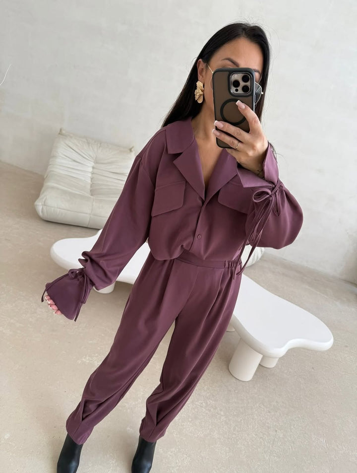 Damen Zweiteiliges Loungewear-Set mit Oversized-Bluse, Pattentaschen, Kordelmanschetten und hochtaillierter Jogpant Echoarchiv