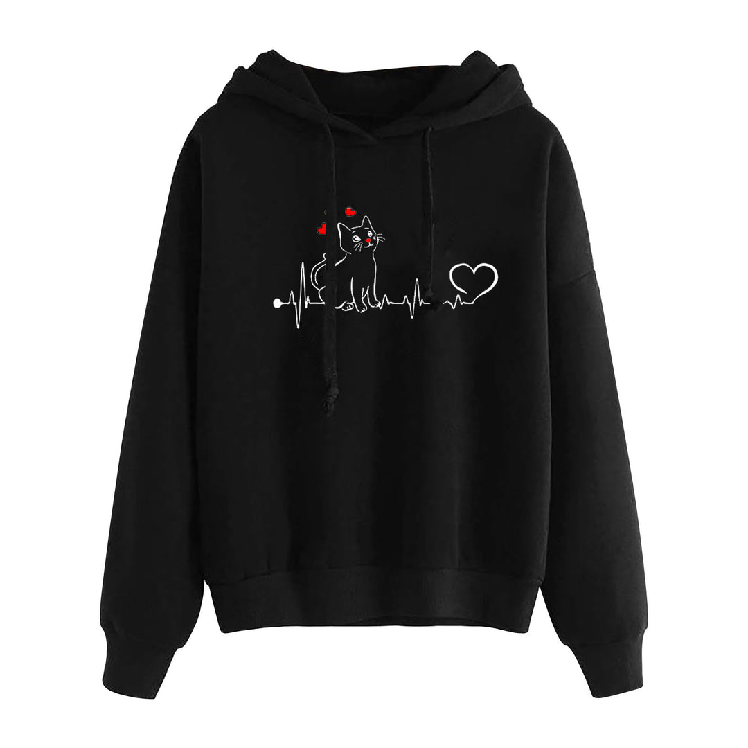 Damen leichter Oversize Kapuzenpullover mit Herz‑EKG‑Motiv, langen Kordeln und elastischem Bund – Auréline
