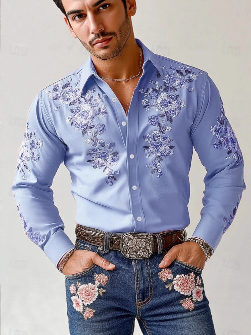 Herren besticktes Hemd mit floralen Motiven Echoarchiv