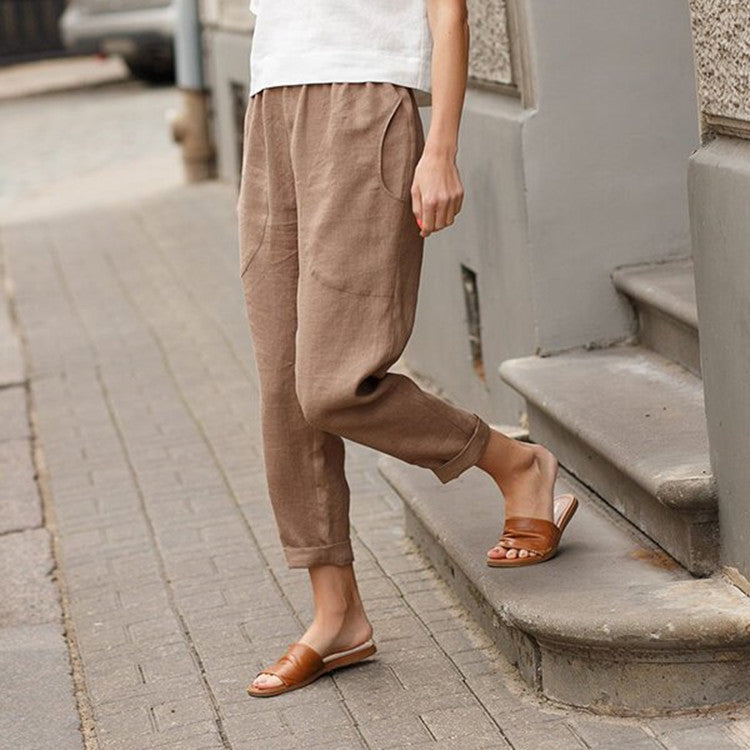 Damen nan leichte Leinenhose mit elastischem Bund, seitlichen Eingrifftaschen und gekrempeltem Saum Echo Archiv