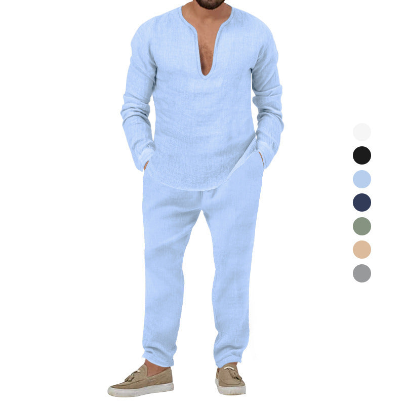 Herren Elegantes Leinen-Loungewear-Set mit Stehkragen Echoarchiv