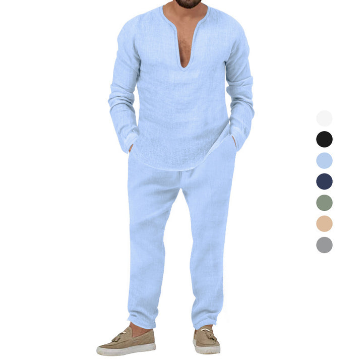 Herren Elegantes Leinen-Loungewear-Set mit Stehkragen Echoarchiv