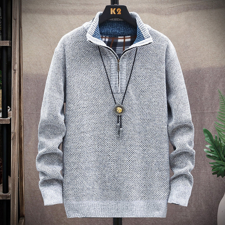 Herren modischer Strickpullover mit halbem Reißverschluss und unterschiedlichen Texturen Echoarchiv