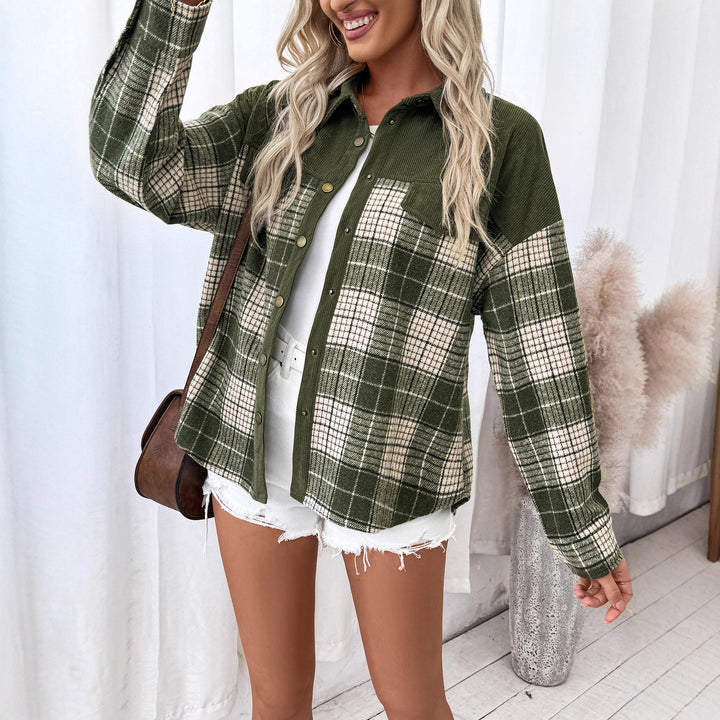 Damen Oversize-Hemdjacke im Karo mit Cordkragen und aufgesetzten Brusttaschen – Avérine