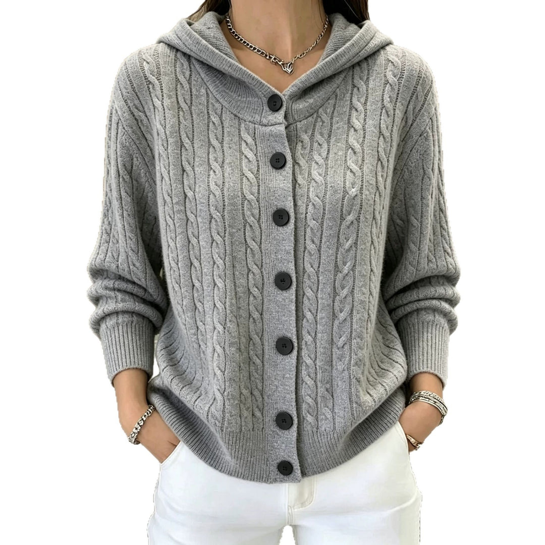 Damen Kapuzen-Cardigan mit Zopfmuster und durchgehender Knopfleiste – Veloura