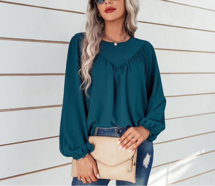 Damen Lässiges Viskose-Blusenshirt mit Rundhals und Ballonärmeln – Avérine