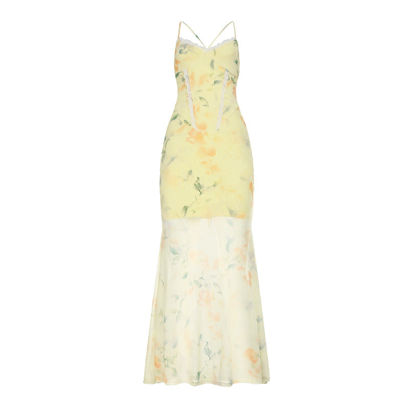Damen Blumen Maxikleid mit raffinierten Spaghettiträgern und Spitzen-Akzenten Echo Archiv