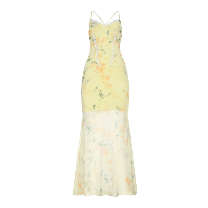 Damen Blumen Maxikleid mit raffinierten Spaghettiträgern und Spitzen-Akzenten Echo Archiv