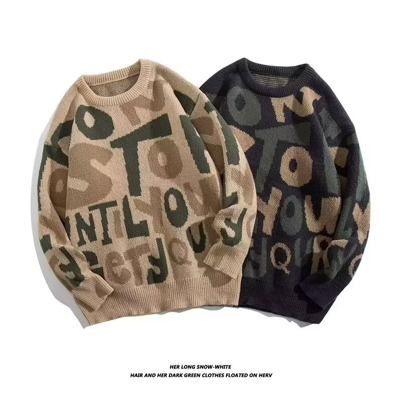 Damen Grobstrickpullover mit kreativen Schriftzügen Echoarchiv
