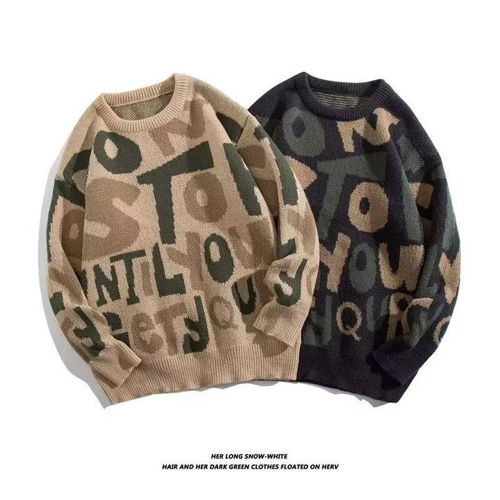 Damen Grobstrickpullover mit kreativen Schriftzügen Echoarchiv