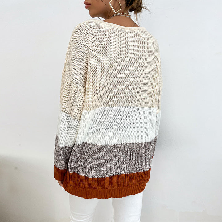 Damen Grobstrick-Colorblock-Pullover, Oversize mit Rundhalsausschnitt und verlängerten Ärmelbündchen Echoarchiv
