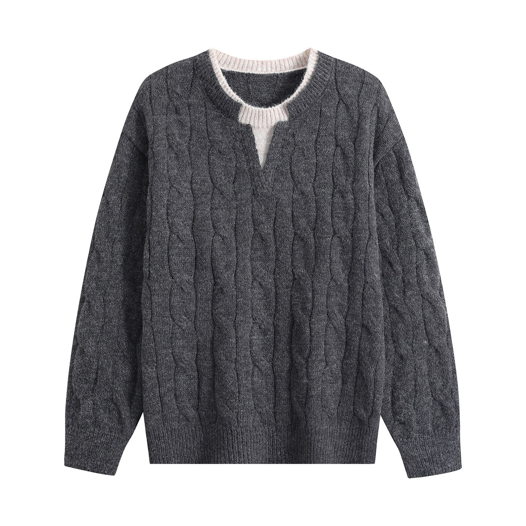 Damen Oversize Zopfmuster-Pullover mit V‑Schlitzkragen Echoarchiv
