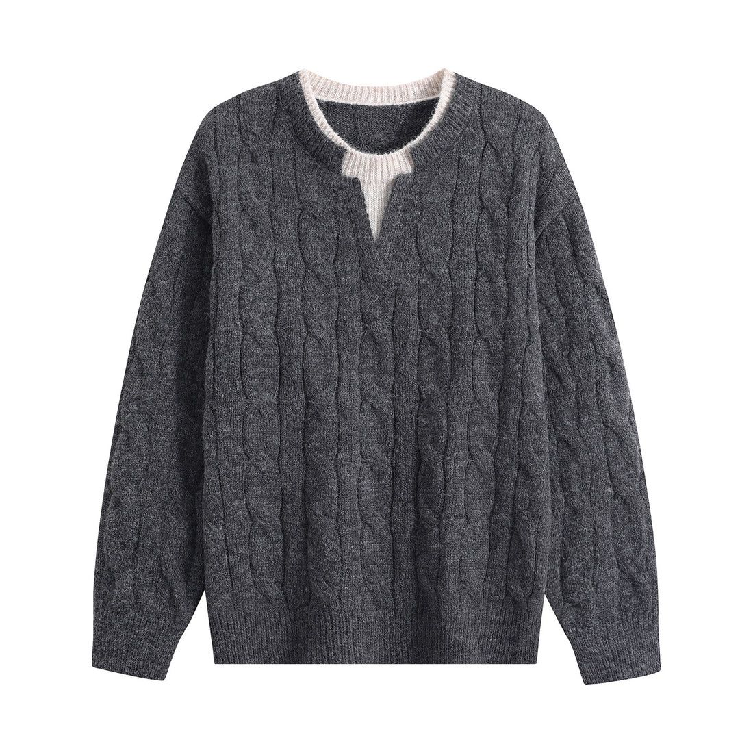 Damen Oversize Zopfmuster-Pullover mit V‑Schlitzkragen Echoarchiv