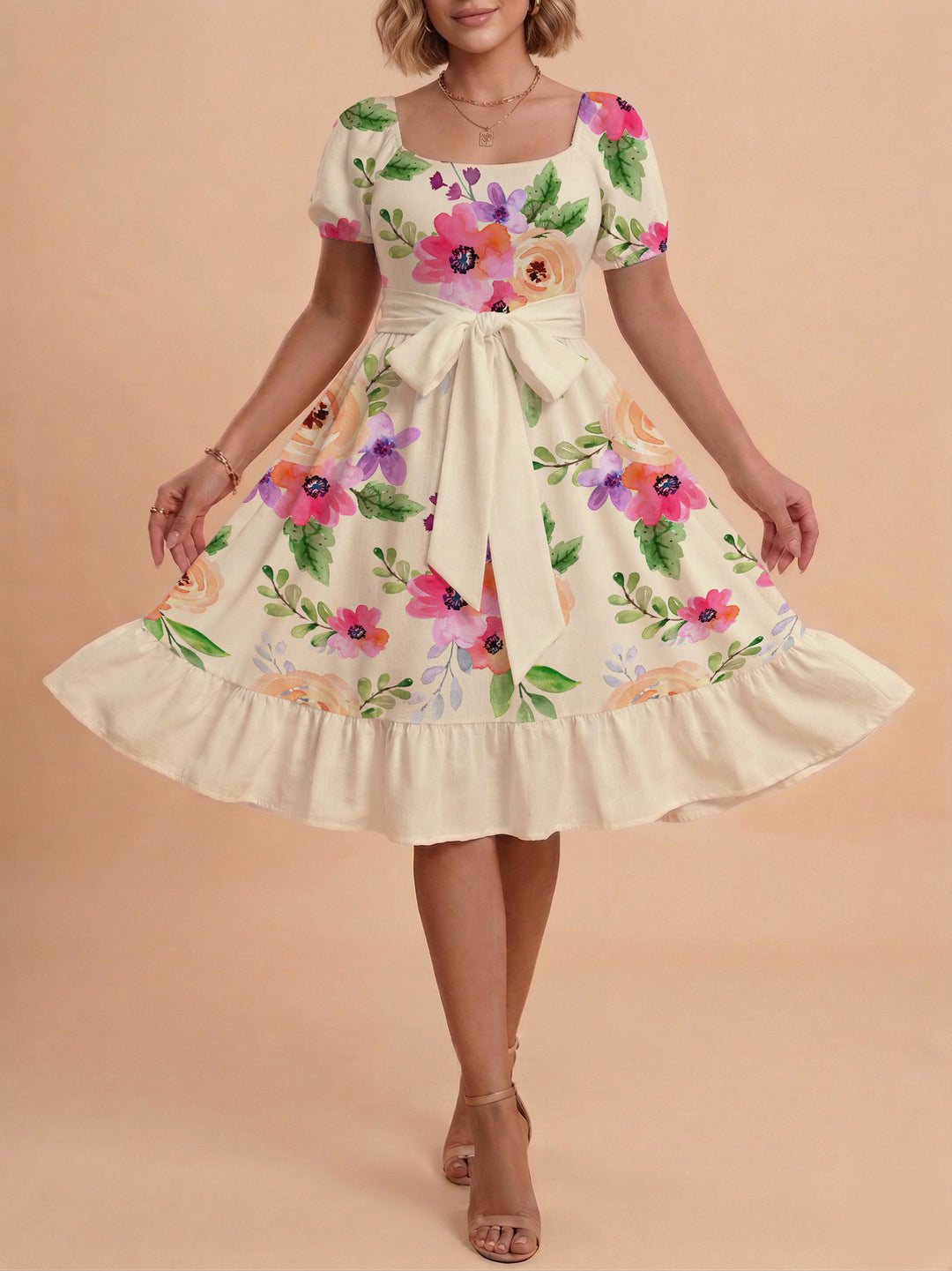 Damen Blumenkleid mit taillierbarem Gürtel und voluminösen Ärmeln Echo Archiv