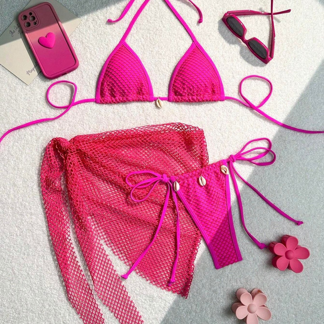 Damen Triangel-Bikini mit transparentem Netzgewebe und Schnürdetails Echo Archiv