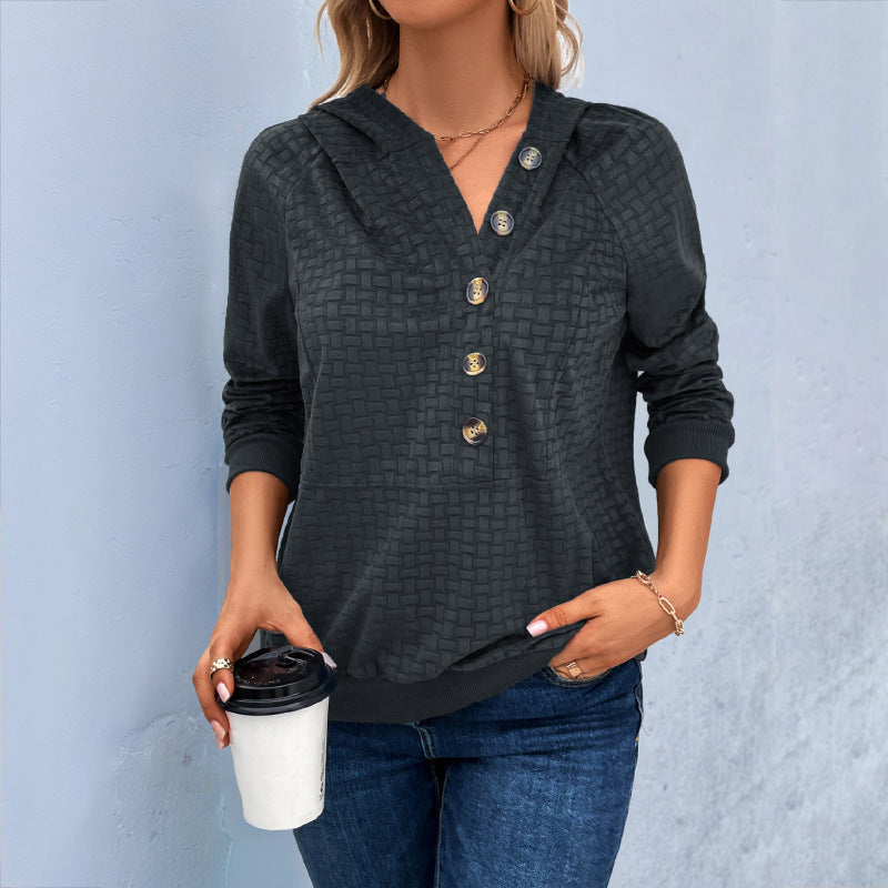 Damen Texturiertes Kapuzen-Henley-Pullover mit Knopfleiste und Kängurutasche Echoarchiv