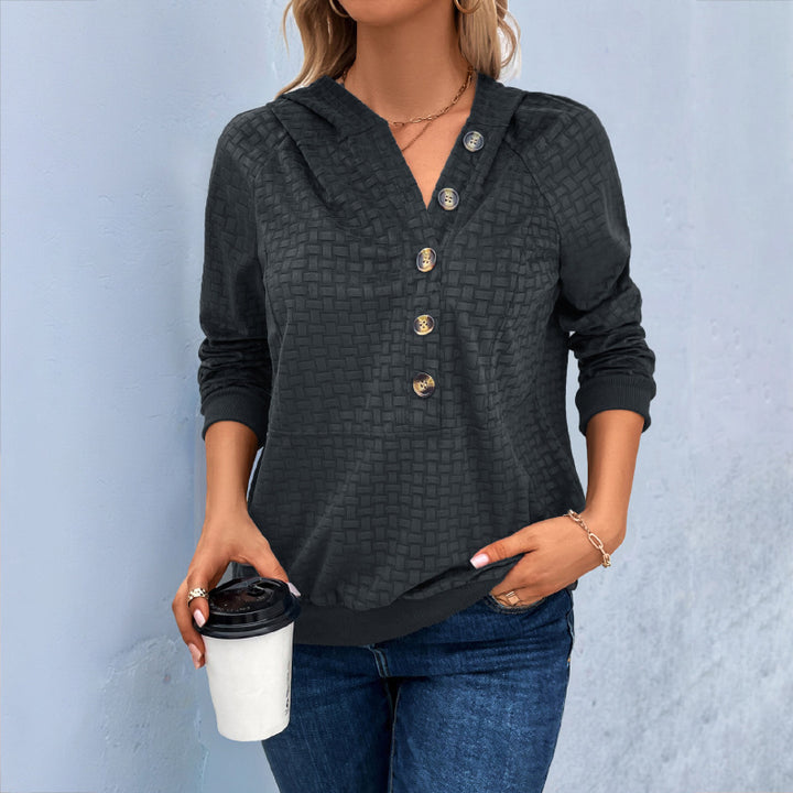 Damen Texturiertes Kapuzen-Henley-Pullover mit Knopfleiste und Kängurutasche Echoarchiv