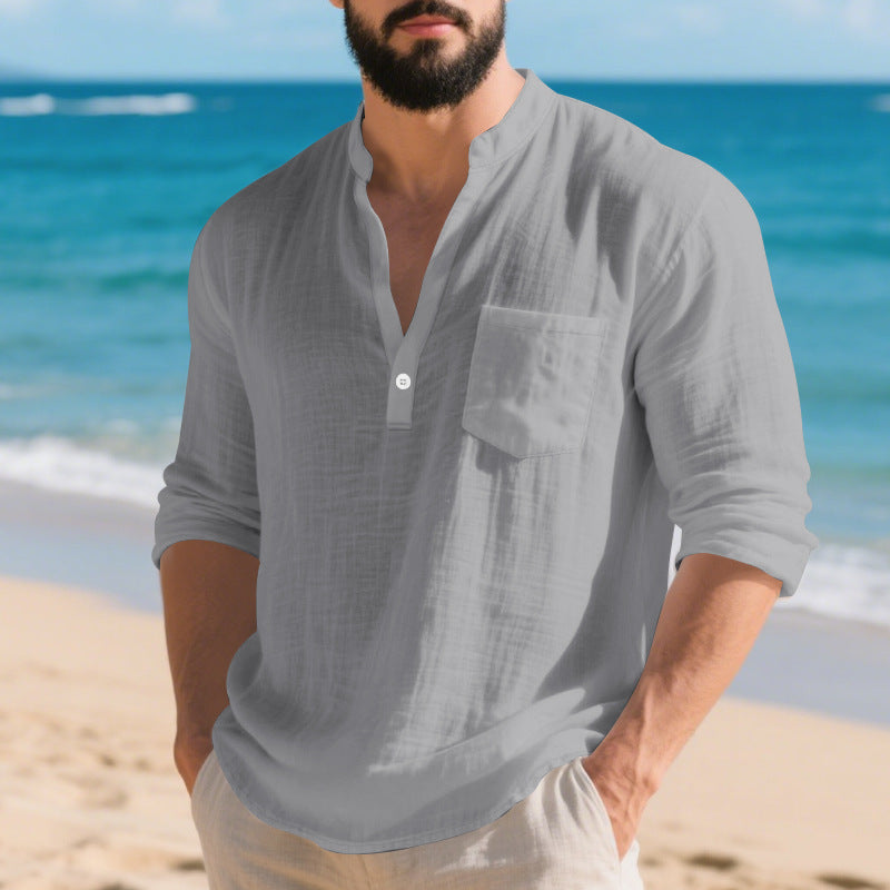 Herren lässiges Langarmshirt mit Hemdkragen und Brusttasche Echoarchiv