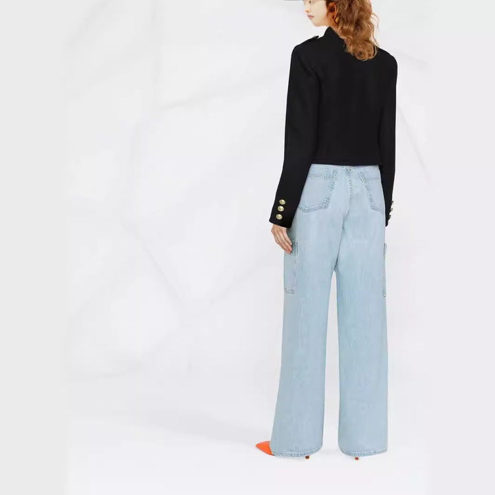 Damen Taillierter Kurzer Military‑Blazer mit Zierknöpfen und Stehkragen Echoarchiv
