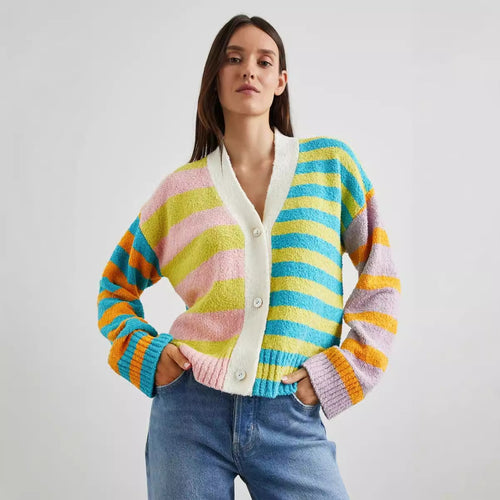 Damen lockerer gestreifter Frottee-Cardigan mit V-Ausschnitt und Knopfleiste – Veloura