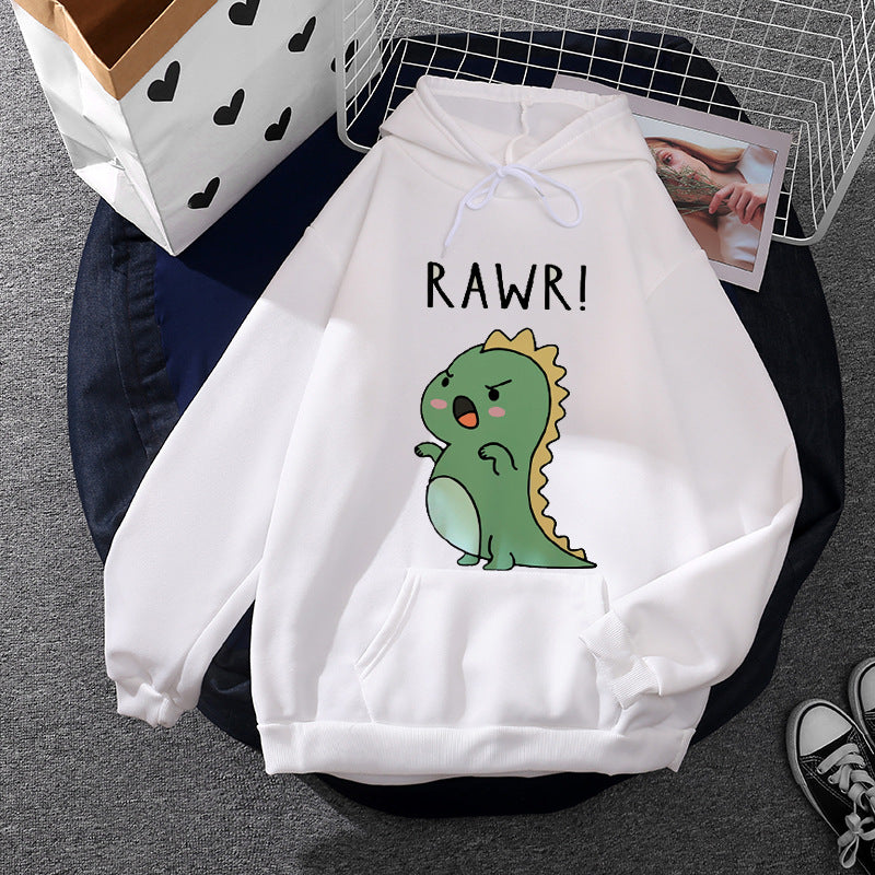 Damen Oversize-Kapuzenpullover mit kawaii Dinosaurier-Motiv, gerippten Bündchen und Kängurutasche – Auréline