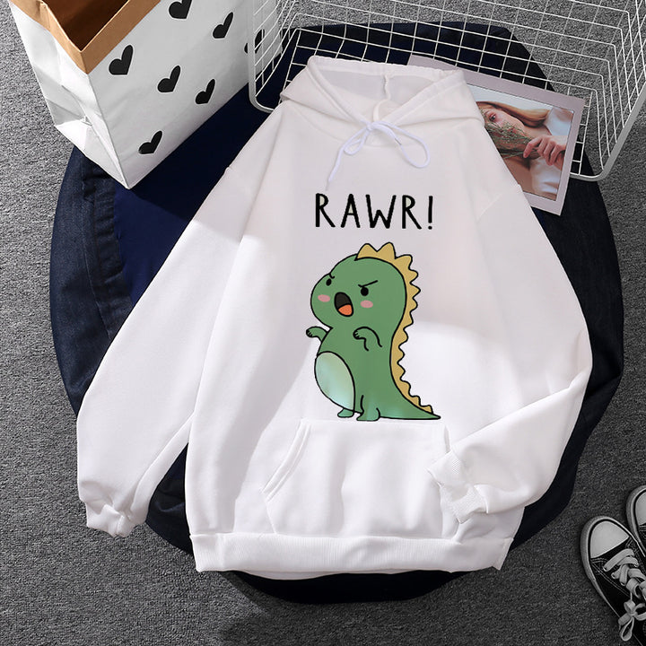 Damen Oversize-Kapuzenpullover mit kawaii Dinosaurier-Motiv, gerippten Bündchen und Kängurutasche – Auréline