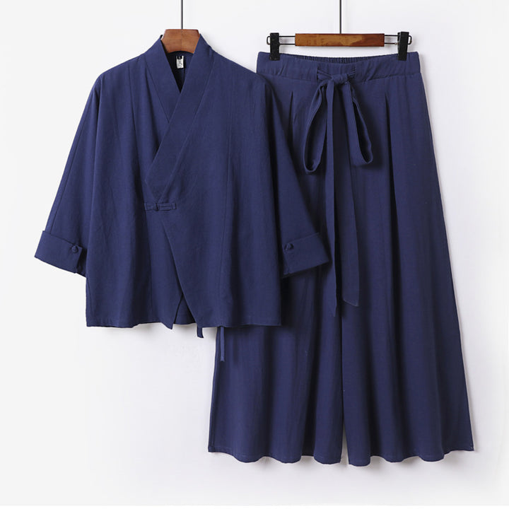 Damen Leichtes Kimono-Loungewear-Set mit V-Ausschnitt dreiviertelärmeln und weiten Palazzo-Hosen Echoarchiv