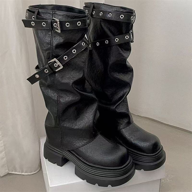 Damen PlatEchoarchivu-Stiefel mit modischem Schnallenverschluss und eleganter Faltenoptik Echoarchiv