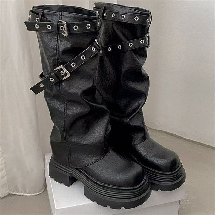Damen PlatEchoarchivu-Stiefel mit modischem Schnallenverschluss und eleganter Faltenoptik Echoarchiv