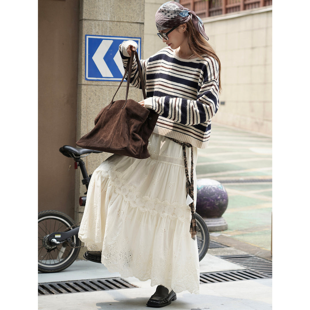 Damen Weicher Oversize-Streifenpullover mit U-Boot-Ausschnitt und Flauschoptik Echoarchiv