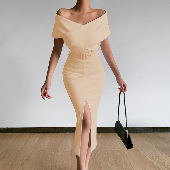 Damen Off-Shoulder Maxikleid mit Taillengürtel und seitlichem Schlitz Echo Archiv