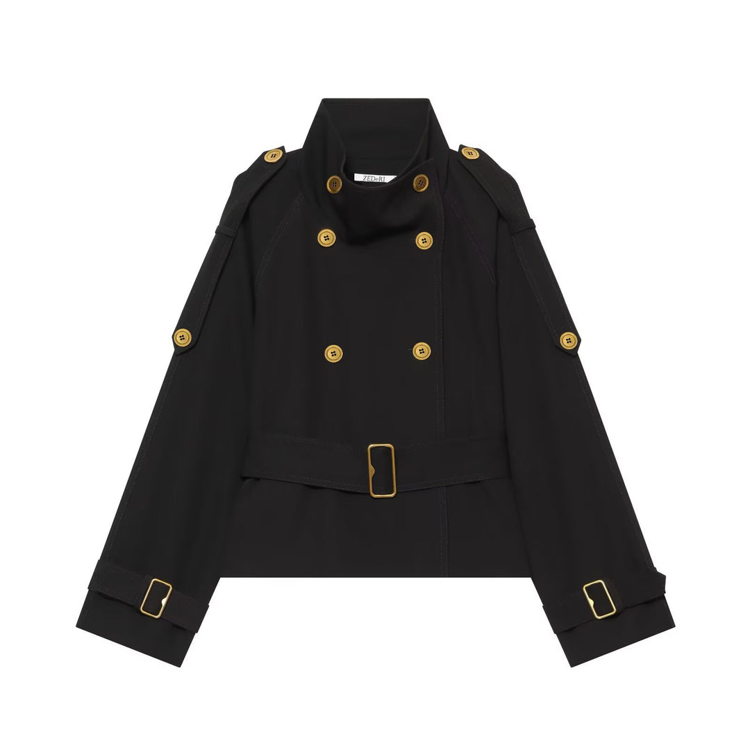 Damen Kurzer doppeltreihiger Trench‑Cape mit Schulterklappen und Taillengürtel Echoarchiv