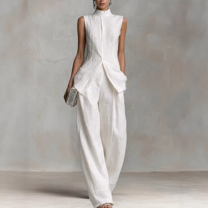 Damen Eleganter Jumpsuit mit hochgeschlossenem Kragen und weitem Bein Echo Archiv