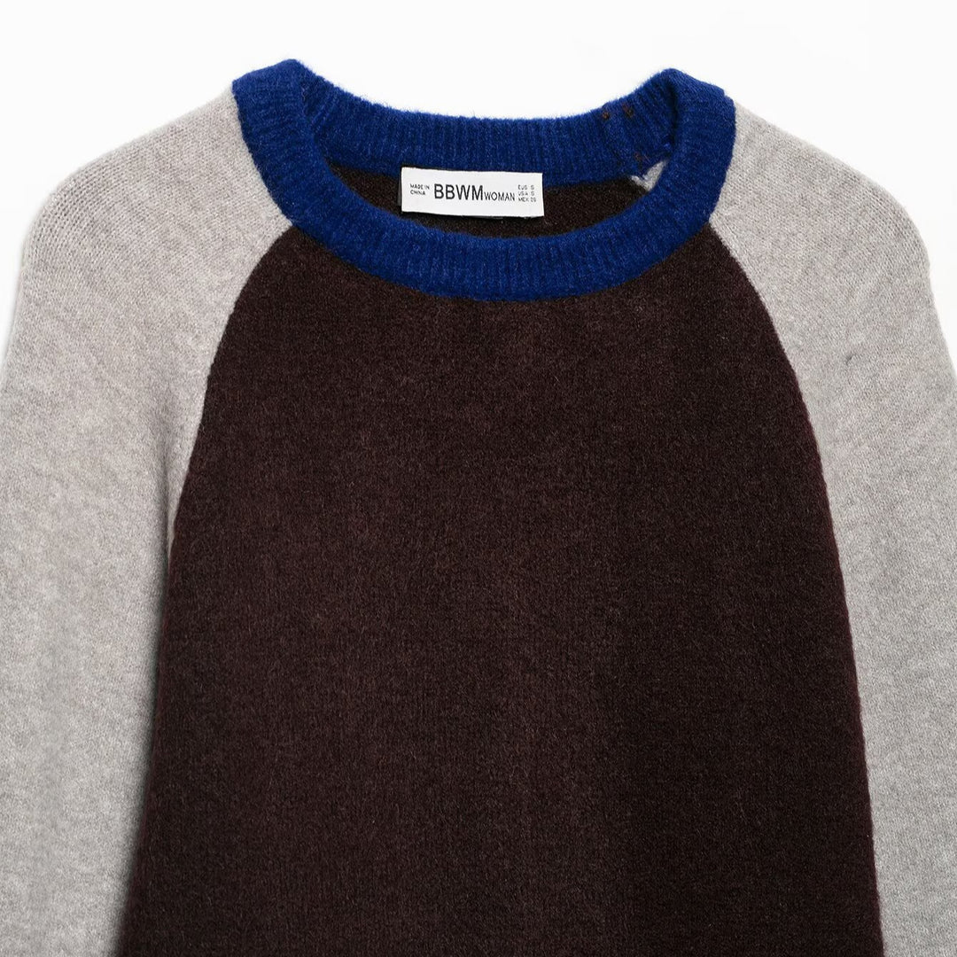 Damen Farbblock-Rundhals-Pullover mit Raglanärmeln Echoarchiv