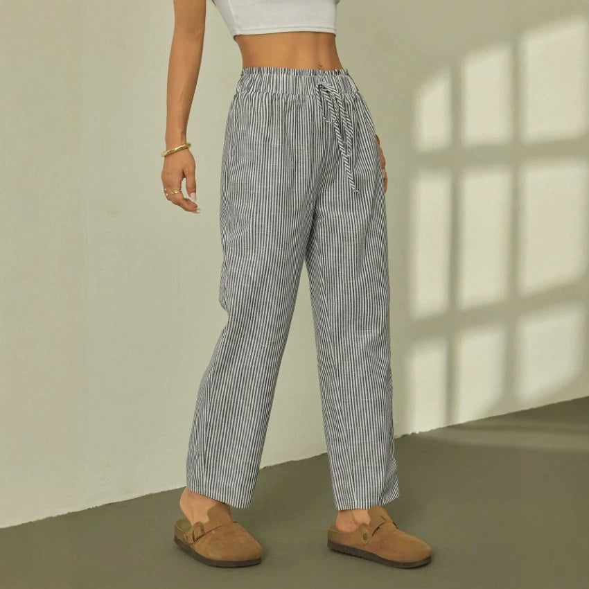 Damen Leinenoptik-Relaxhose mit High-Waist, Kordelzug und Nadelstreifen – Avélisse