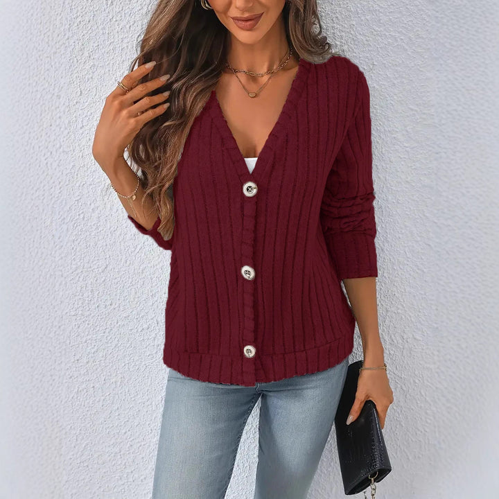 Damen nan gerippter V-Ausschnitt Strickcardigan mit dekorativen Knöpfen, leicht überschnittener Schulter und kastigem Saum Echo Archiv