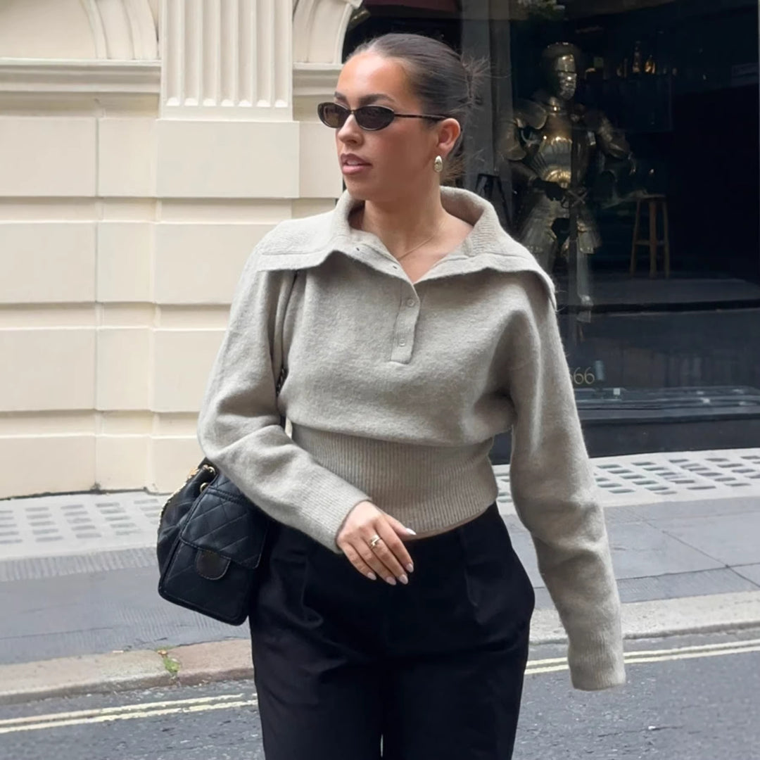 Damen Kurzgeschnittener Feinstrickpullover mit Polokragen und breitem Rippbund Echo Archiv