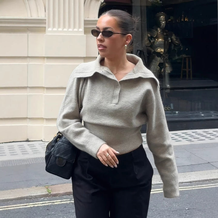 Damen Kurzgeschnittener Feinstrickpullover mit Polokragen und breitem Rippbund Echo Archiv