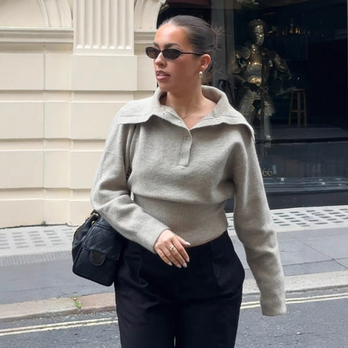 Damen Kurzgeschnittener Feinstrickpullover mit Polokragen und breitem Rippbund Echo Archiv