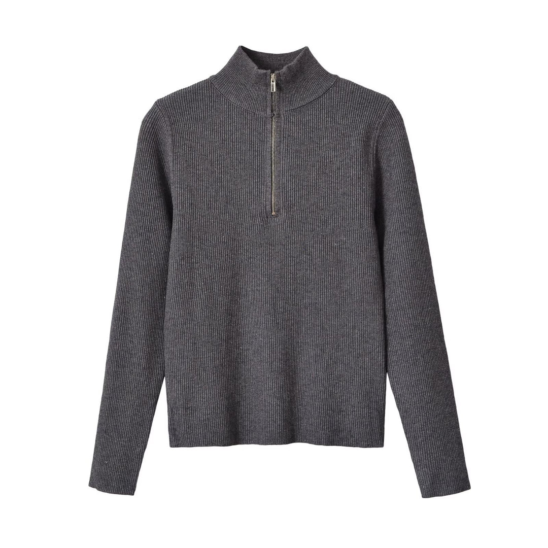 Damen Gerippter Halbzip-Strickpullover mit Stehkragen Echoarchiv