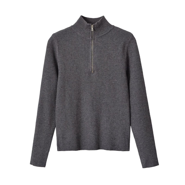 Damen Gerippter Halbzip-Strickpullover mit Stehkragen Echoarchiv