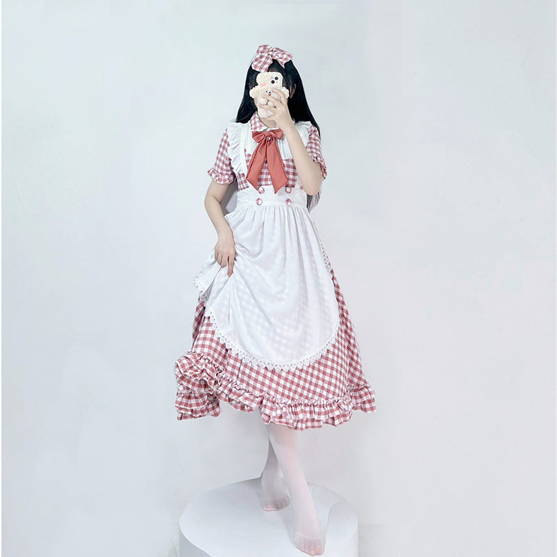 Damen nan vintage-inspiriertes Lolita-Kleid mit Karomuster Volants und abnehmbarer Schürze Echo Archiv