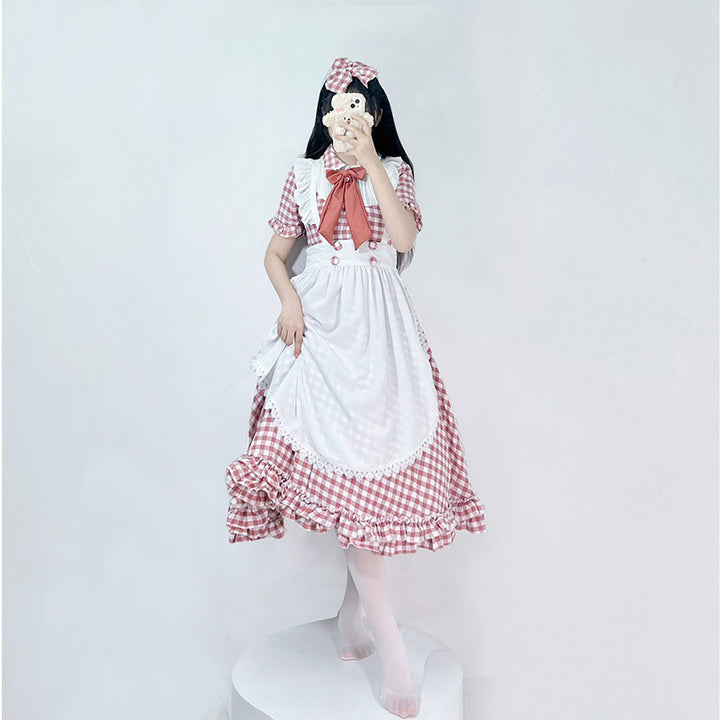 Damen nan vintage-inspiriertes Lolita-Kleid mit Karomuster Volants und abnehmbarer Schürze Echo Archiv