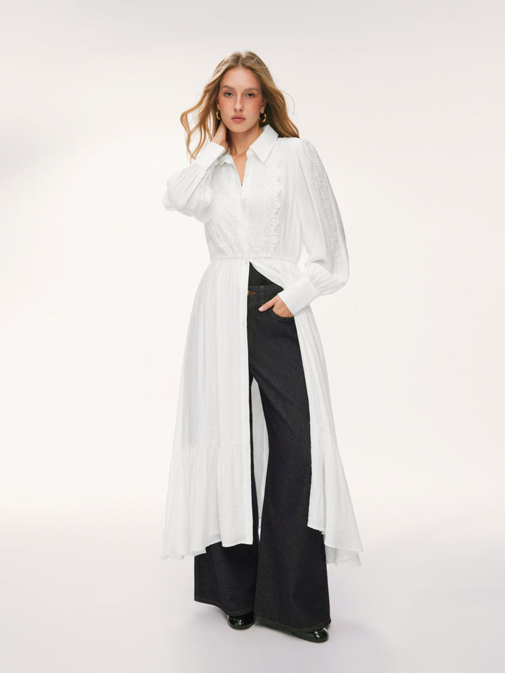 Damen Langes Hemdblusenkleid mit Spitzenbesatz, Taillierung und Stufenrock – Valéora