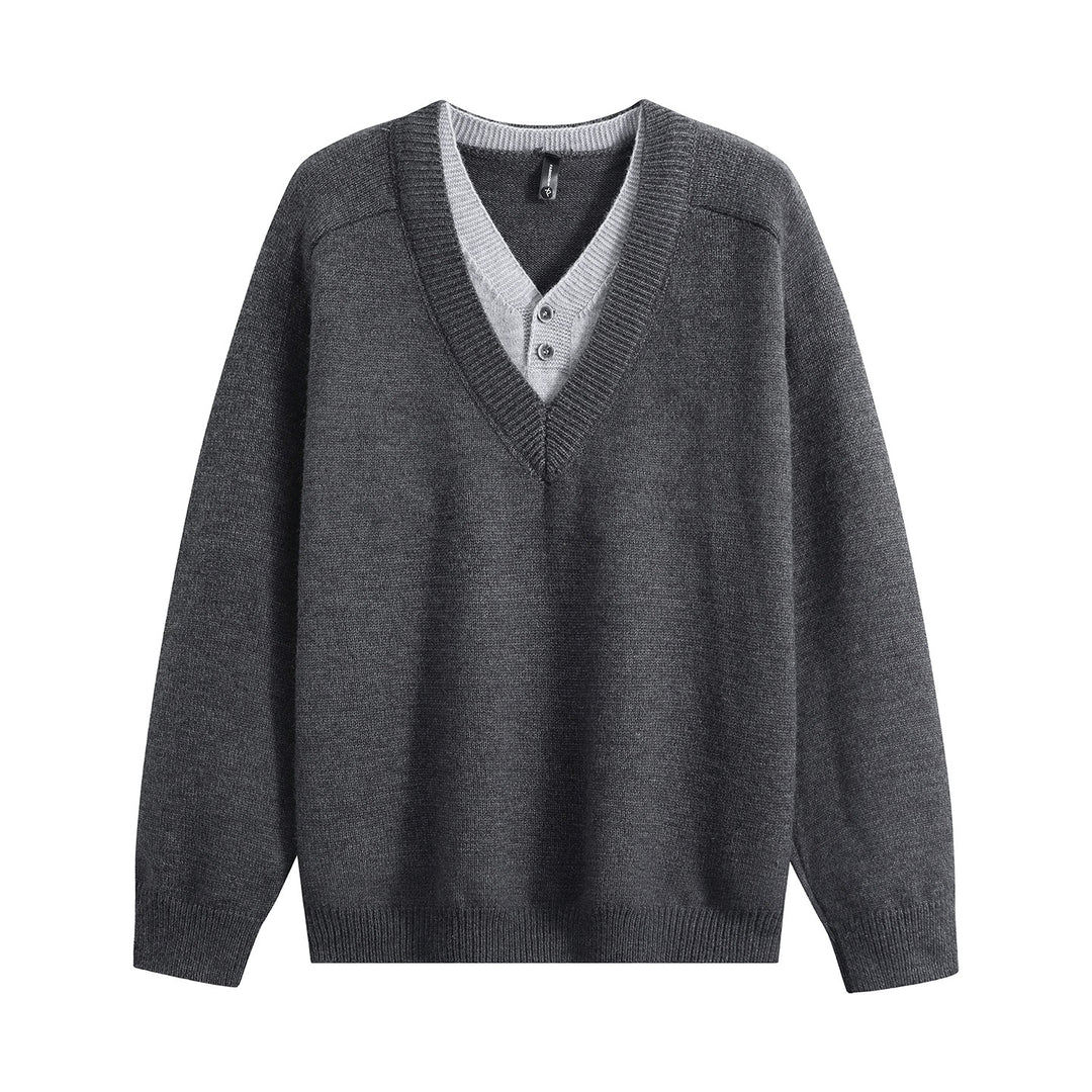 Unisex Oversize V‑Neck Strickpullover mit eingearbeiteter Henley-Optik Echoarchiv